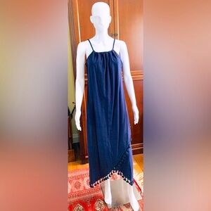 Beautiful dark navy long linen dress sleeveless thick blue chord shaped collar M